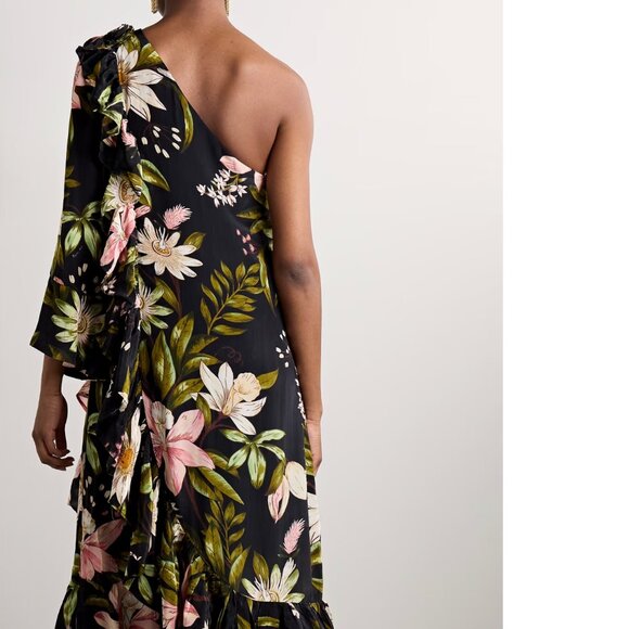 FARM RIO - Surreal Flowers One-Shoulder Crêpe de Chine Midi Dress - Black - XL - Picture 9 of 10